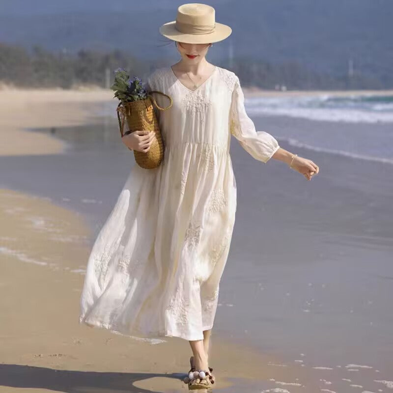 Shi Jian literary women's clothing fairy skirt heavy industry embroidery ramie high-end  long dress elegant skirt dress