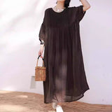 Literary and retro cotton and linen dress women's  summer new robe organ pleated seven-point bubble sleeves elegant long dress