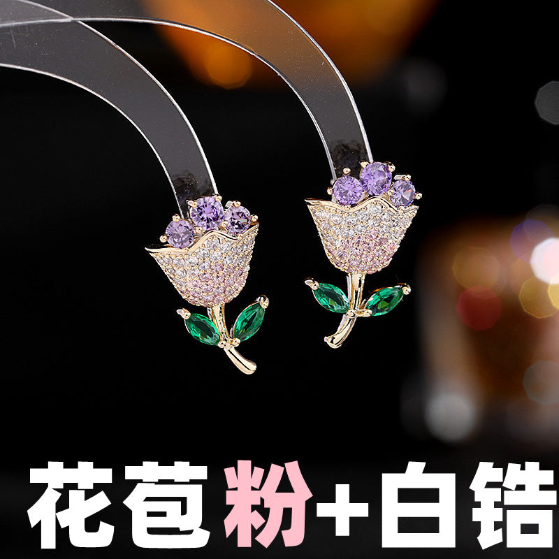 2025 S925 silver needle niche temperament sweet and fresh temperament earrings micro-inlay craftsmanship color zircon rose stud earrings women