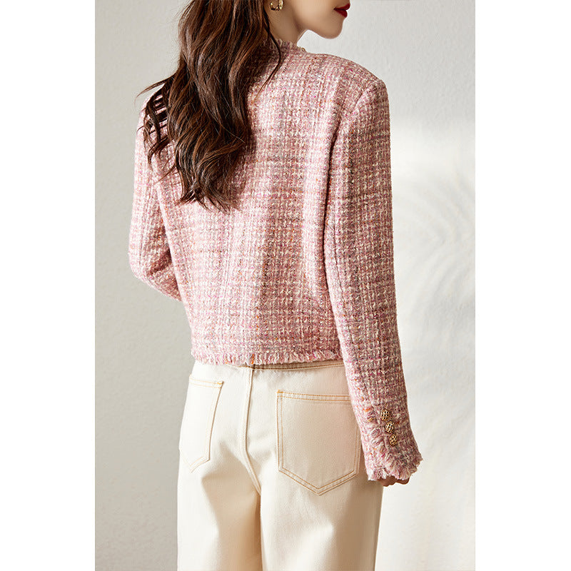 2025 Wool pink small fragrant coat, spring and autumn new tweed  spring short coat top women's wholesale