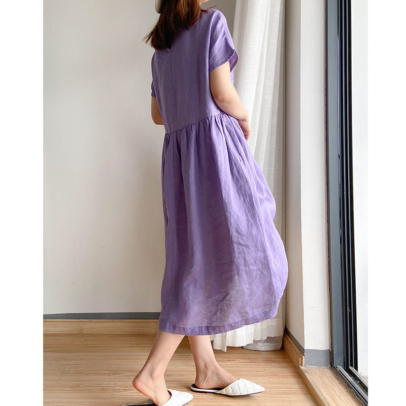 Simple literary and artistic fan loose and thin cotton and linen dress women's summer  new large size fat mm medium and long skirt