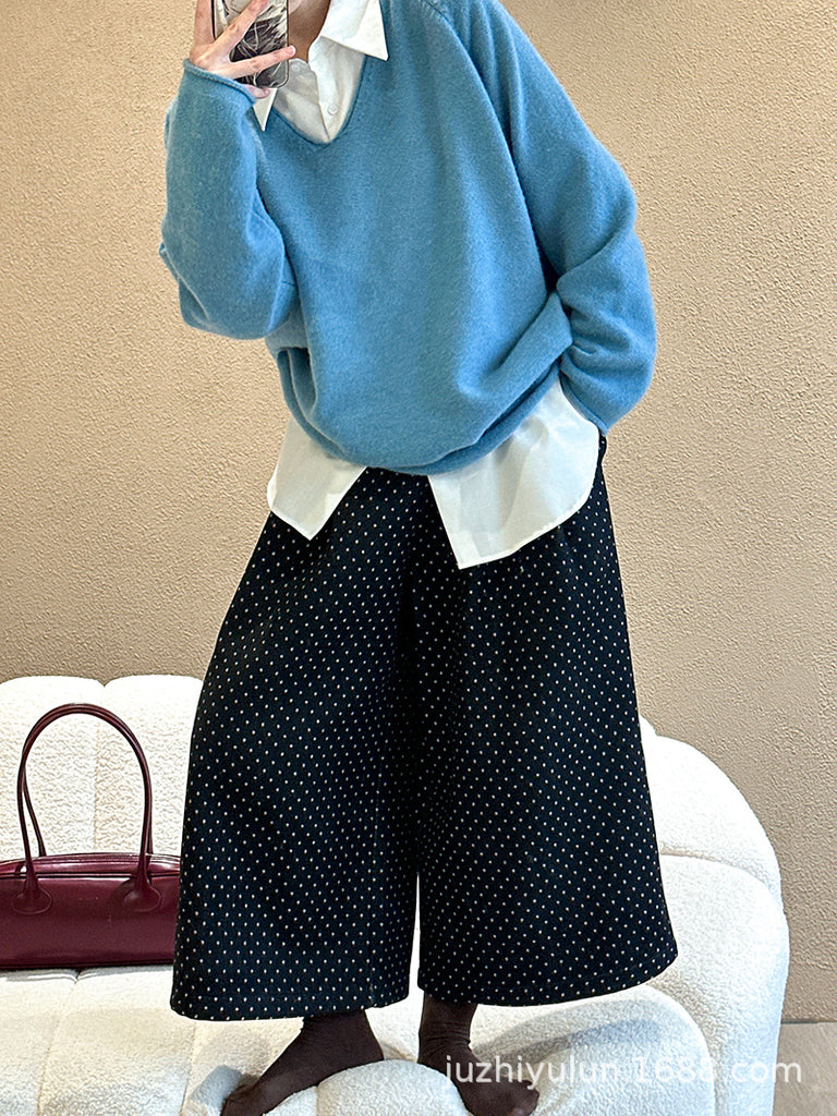 2025 popular autumn and winter new Korean high waist loose straight design polka dot velvet eight-point pants 2820-1