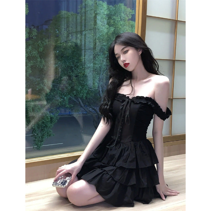 Strap Dress Women's Summer Pure Desire Sexy Ruffles Elegant High Sense Cake Short Skirt Black Dress