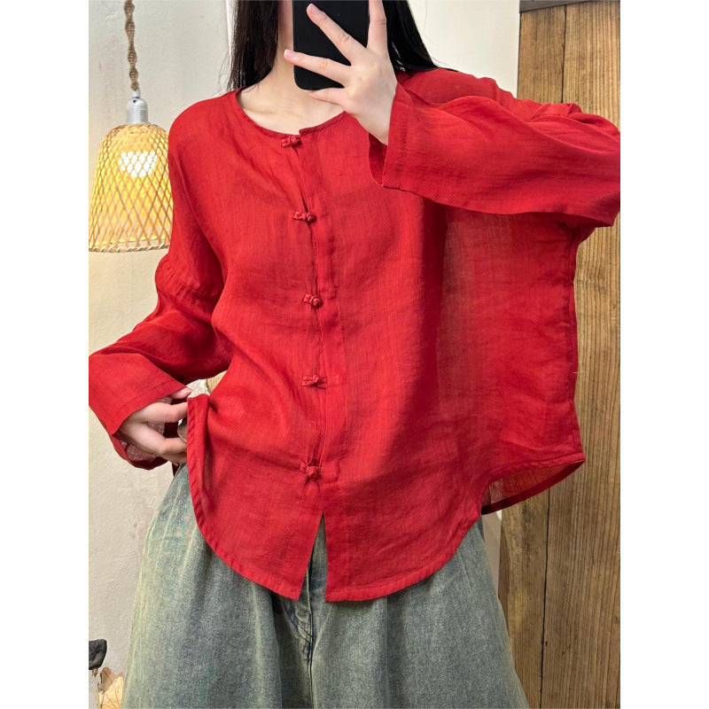 spring and summer new literary and retro niche Zen clear cotton and linen solid color simple wind button-up shirt