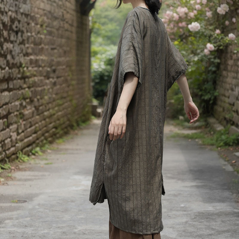 Shan Qian Nianyi, summer new Chinese-style simple Zen robe literary retro ramie jacquard plaid dress