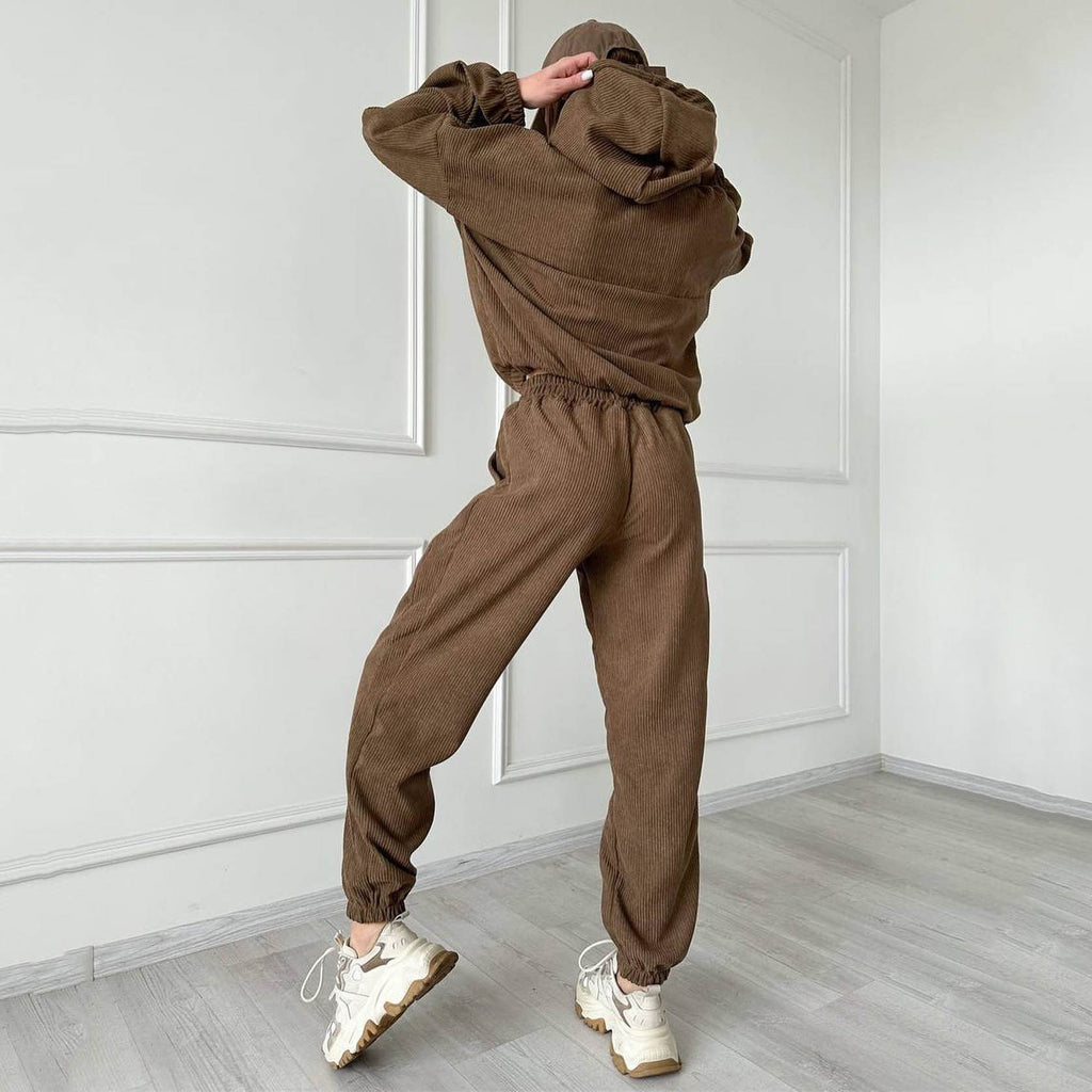 GOOSUDU New new corduroy suit women's sports and leisure Europe, America, autumn and winter zipper hooded sweater sweatpants two-piece set women
