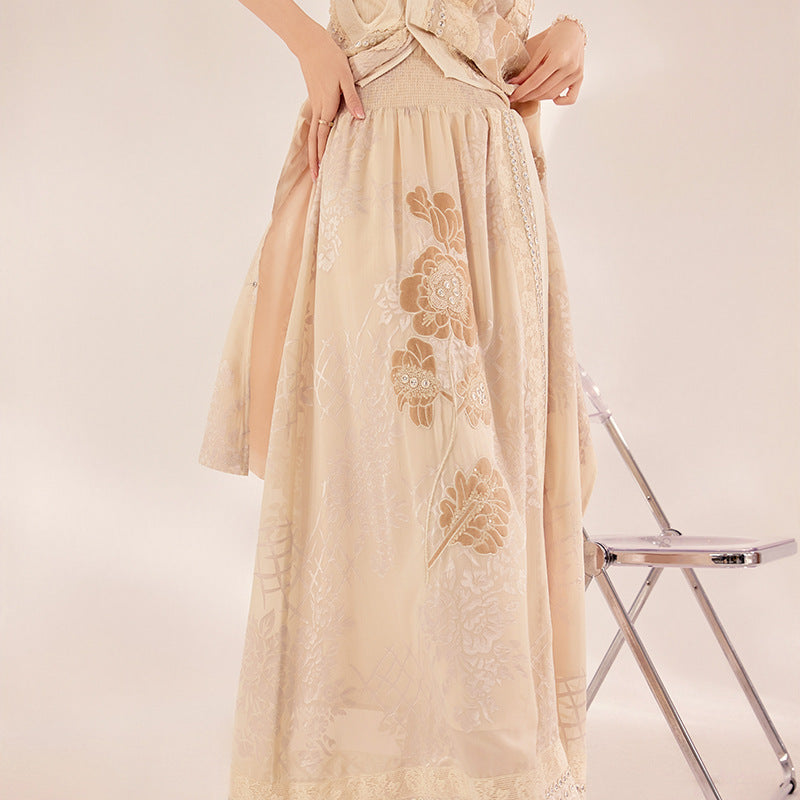 winter new Chinese light luxury stand-up collar bead embroidery sleeveless silk national style vest long dress set MY012