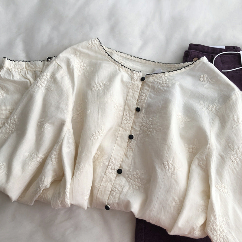 Hook lace round neck literary retro long-sleeved shirt buckle design thin versatile thin embroidered shirt women