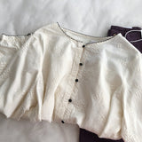 Hook lace round neck literary retro long-sleeved shirt buckle design thin versatile thin embroidered shirt women