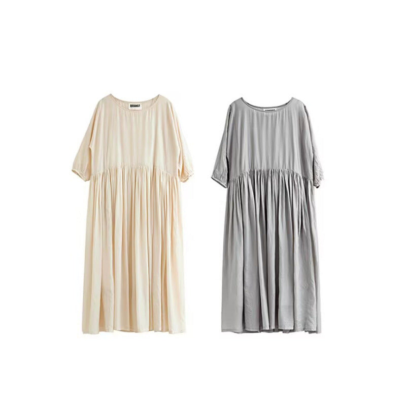 spring and summer new solid color simple fat MM loose large size thin dress medium and long women's five-quarter sleeve women's dress