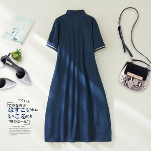 First-line brand withdrawal tail goods retro a-word denim dress thin loose short-sleeved shirt medium and long skirt