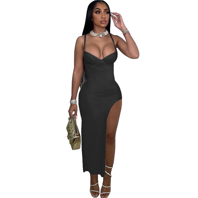 G60134 European and American Women's Clothing  Women's Clothing New Sexy Sling Solid Color Slim Fit Slit Dress Women