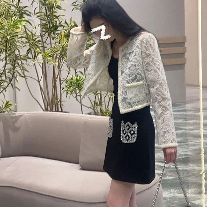 high-end niche gentle temperament socialite style lace embroidered short coat black beaded skirt M2012