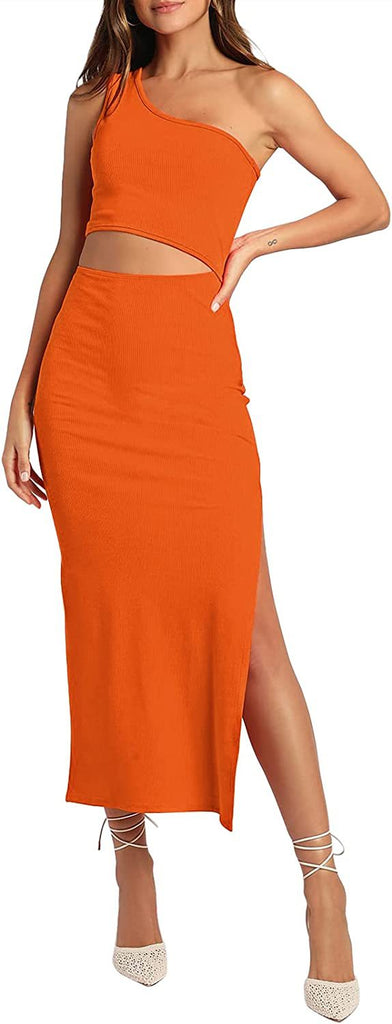 2023 European and American  New Women's Summer One Shoulder Sleeveless Hollow out Side Slit Tight Extra Long Dress