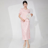 2025 Guofeng women's clothing high-end suit, retro button-up new Chinese T-shirt, short-sleeved hip-wrapped skirt, pleated two-piece set