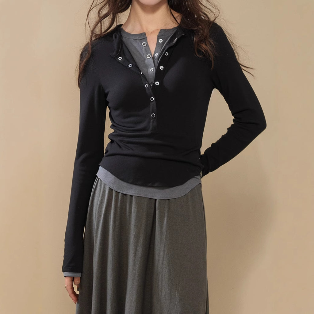 2025 Brown contrasting color fake two-piece long-sleeved knitted sweater women's autumn popular new fashion Popular slim-fit top