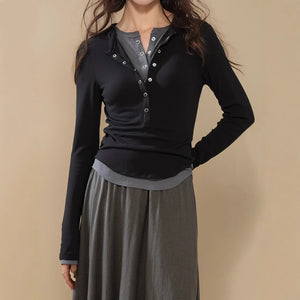 2025 Brown contrasting color fake two-piece long-sleeved knitted sweater women's autumn popular new fashion Popular slim-fit top