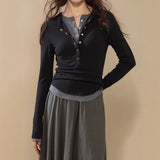 2025 Brown contrasting color fake two-piece long-sleeved knitted sweater women's autumn popular new fashion Popular slim-fit top