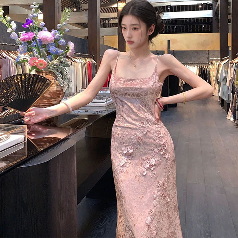 New Chinese Spice Girl Style New Velvet Fishtail Design Long Dress Sleeveless Premium Sexy Temperament Suspender Skirt N1022