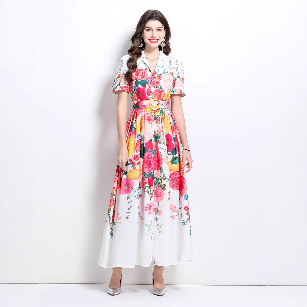 niche fashion retro suit collar sleeveless waist printed dress women's thin big swing elegant long skirt
