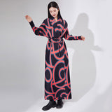 2025 High-quality New trench coat long jacket women's loose printing lace-up lapel pleated temperament coat