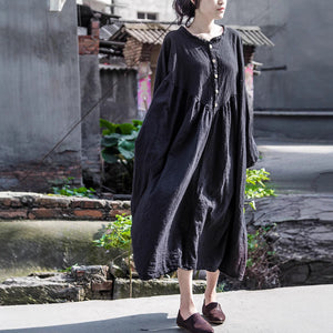 Shan Qian Nianyi, retro creative design atmospheric lantern sleeves super loose cotton and linen dress