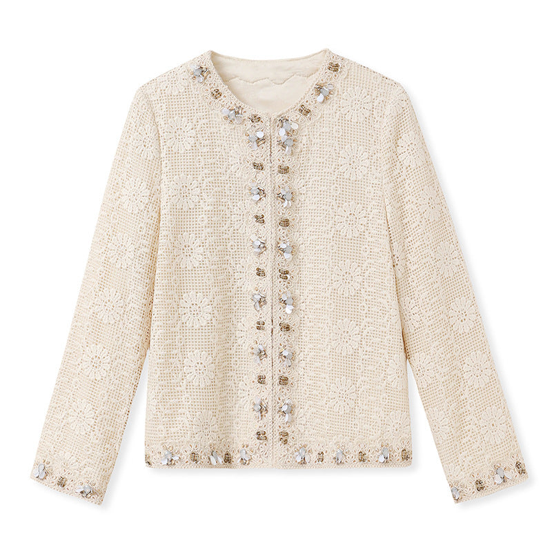 Spring 2025 new high-end design sense daughter gold versatile Popular style heavy industry bead lace jacket N2043