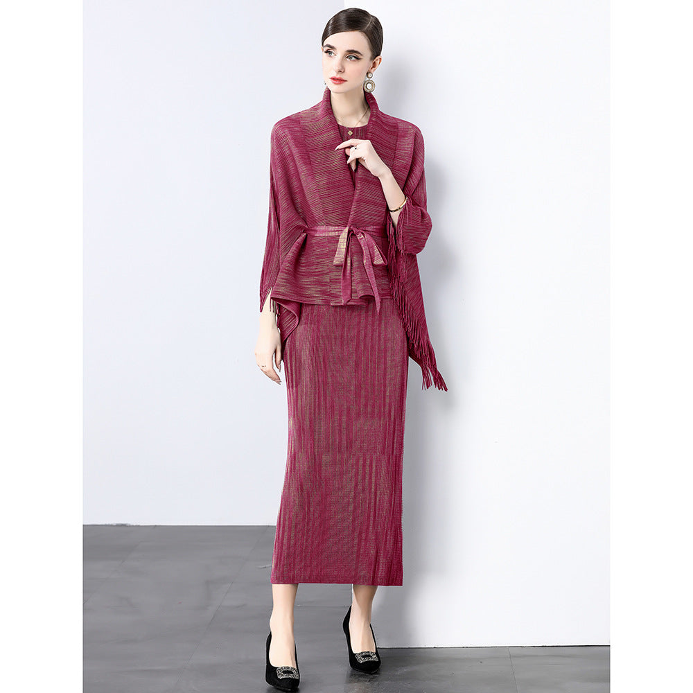 fashion high-end strap waist fringed horn sleeve lapel hot diamond pleated top + sleeveless dress