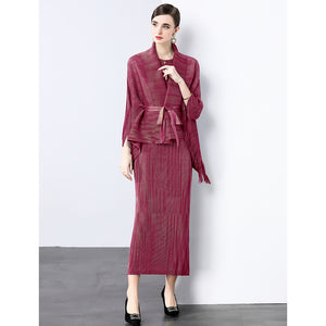 fashion high-end strap waist fringed horn sleeve lapel hot diamond pleated top + sleeveless dress