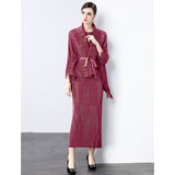 fashion high-end strap waist fringed horn sleeve lapel hot diamond pleated top + sleeveless dress