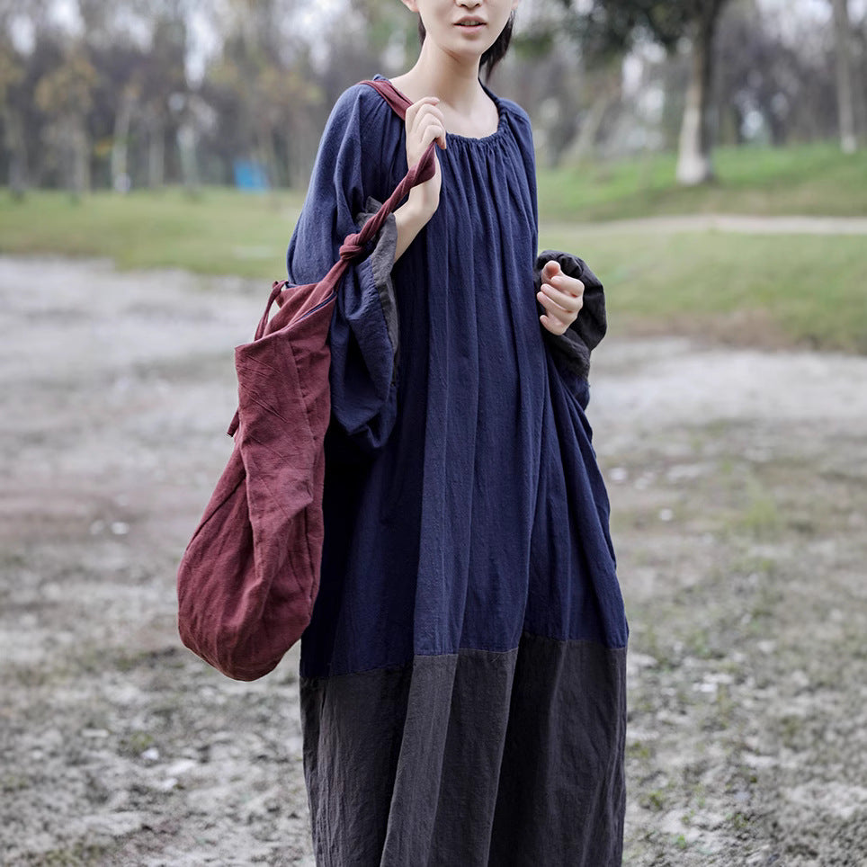 Shan Qian Nianyi, spring and autumn cotton and linen loose long dress pleated lantern sleeves big bat drawstring collar color matching dress