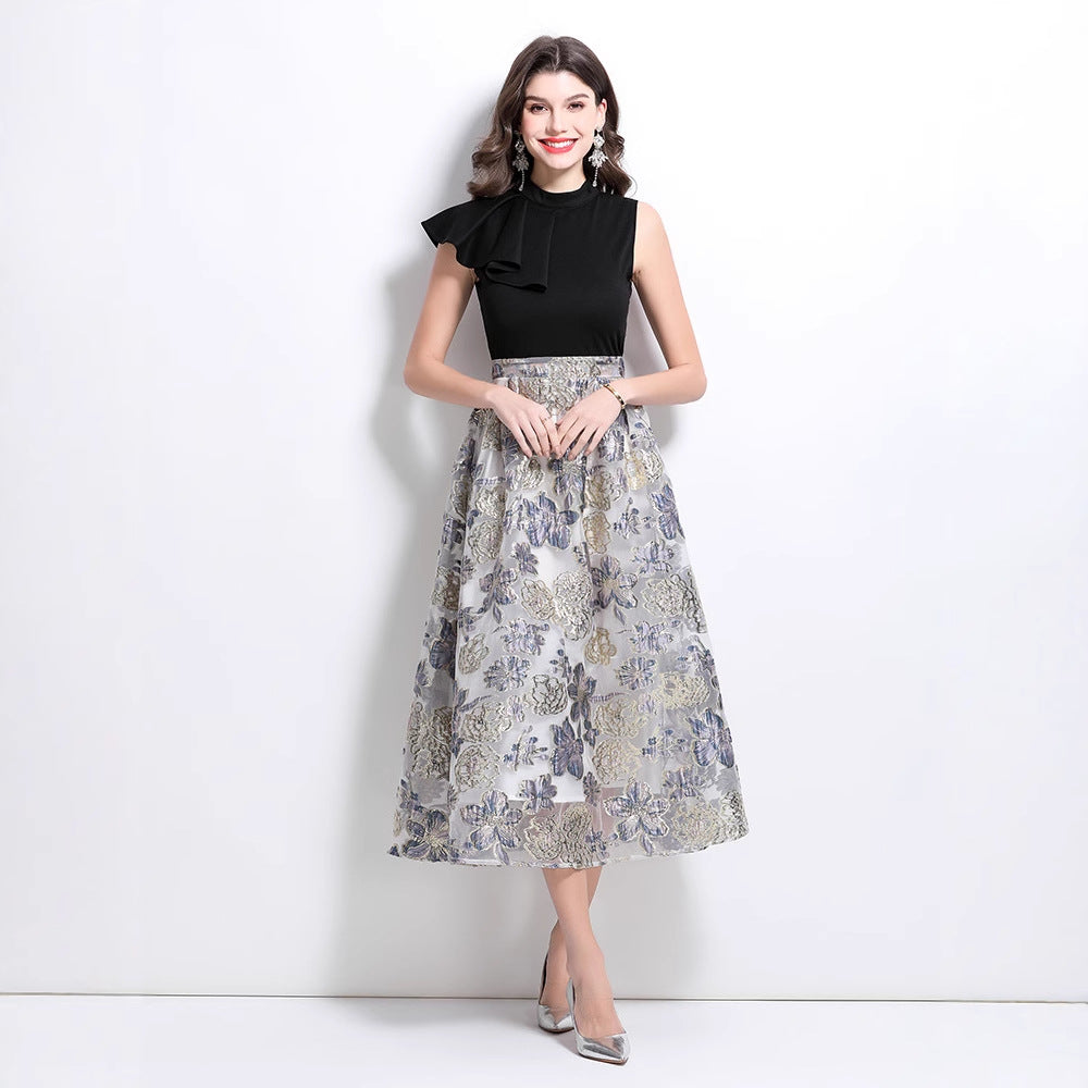 Popular trade women's clothing  spring and summer new heavy industry jacquard retro stand-up collar ruffle dress dress