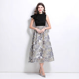 Popular trade women's clothing  spring and summer new heavy industry jacquard retro stand-up collar ruffle dress dress