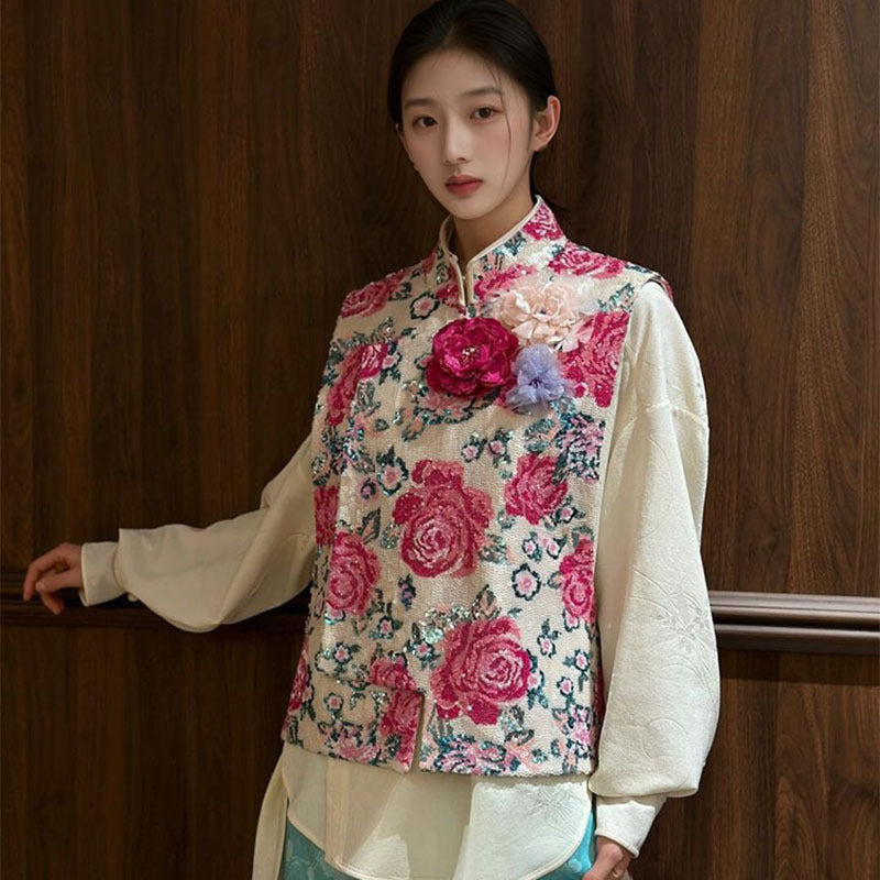 New Chinese style national style 2025 new unique embroidery design peony vest half-length dress set N1035