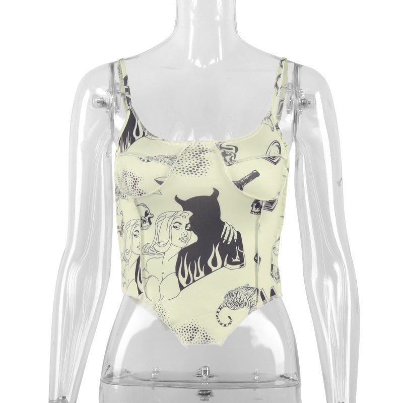 GOOSUDU 2025 TK015  street style summer new character print tight deep V Spice girl versatile navel sling vest women