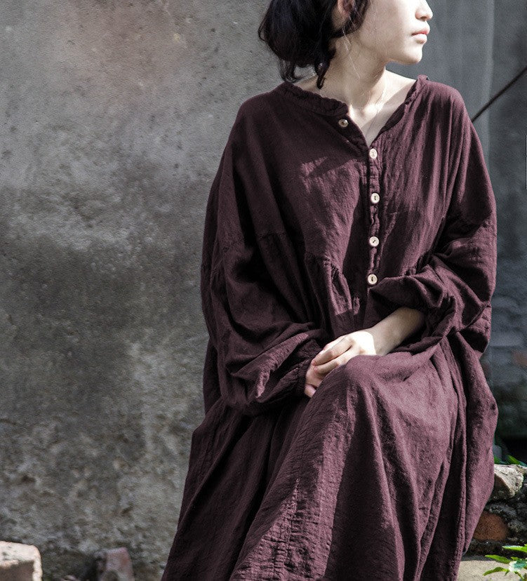 Shan Qian Nianyi, retro creative design atmospheric lantern sleeves super loose cotton and linen dress