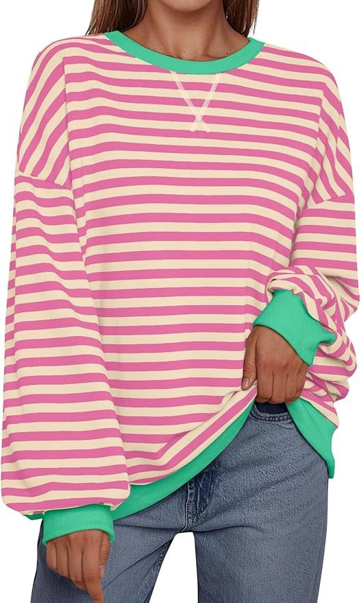 GOOSUDU New  2025 style clothing autumn and winter new round neck contrasting top striped loose long-sleeved fashion sweater