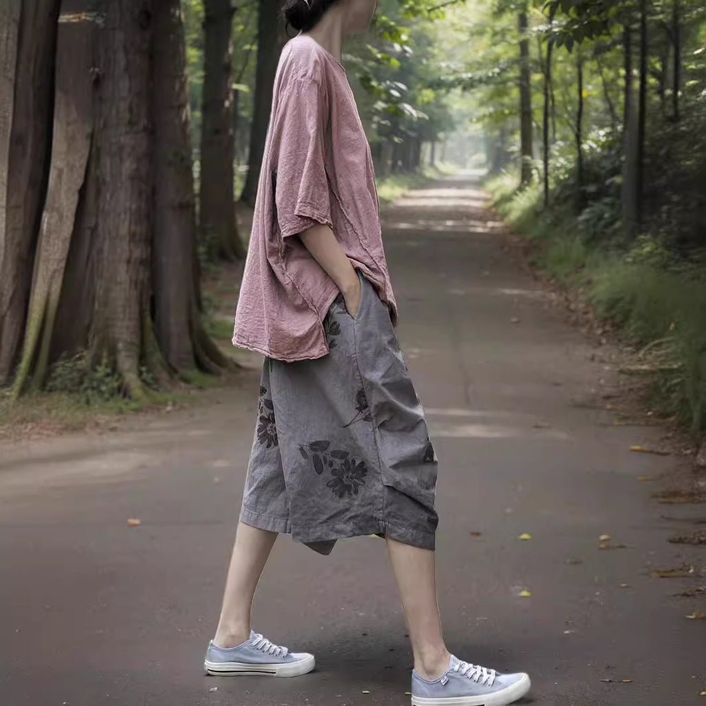 Shan Qian Nianyi, summer literary and elegant cotton and linen T-shirt, small man is thin, breathable and comfortable, irregular clip top