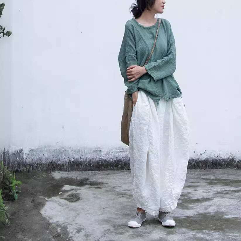 Shan Qian Nianyi, spring and summer design new linen washed casual pants literary simplicity white high-texture wide-leg pants