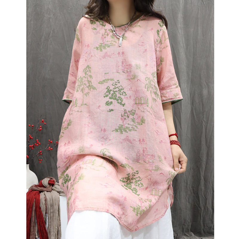 summer new literary printing light and loose large size personality Popular style casual versatile medium and long shirt women