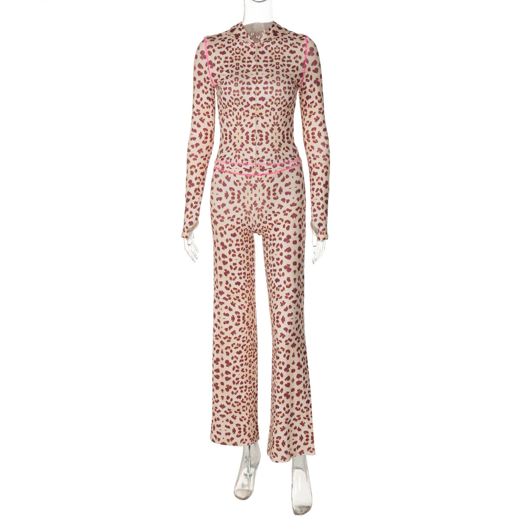 GOOSUDU  style  spring new product fashion hooded cardigan top leopard print high waist tight trousers suit women