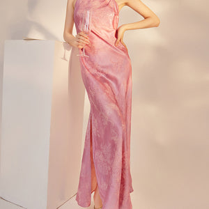 summer new Chinese style silk suspender dress female retro celebrity slim-fit hip-wrapped long dress M6055