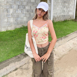GOOSUDU 2025 AC096 lace high street small suspender V-neck sexy exposed navel slim top street fashion floral contrasting small vest