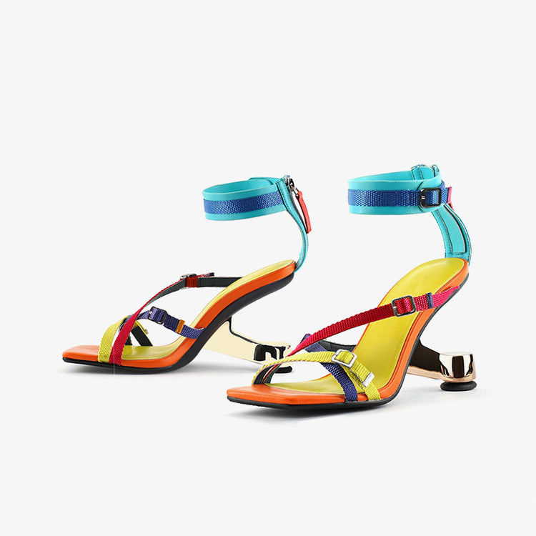 Summer New European America Fashion Style Metal Strange Heels Peep Toe Cut Out Back Strap Bling Women Gladiator Sandals