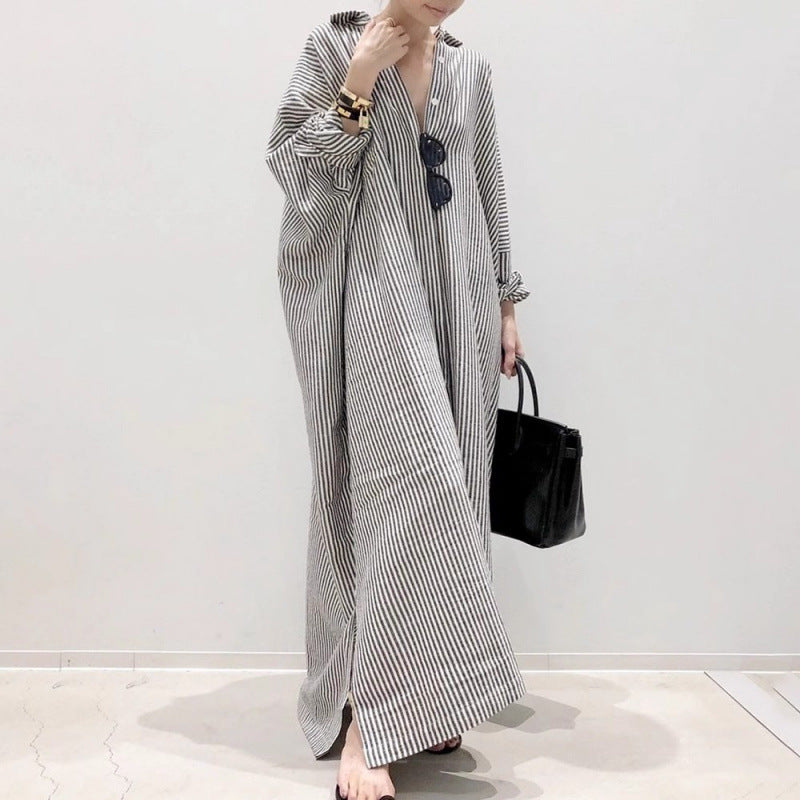 Japanese New loose large-size long-sleeved striped cotton and linen shirt skirt spring and autumn Korean version fat MM knee-length dress dress