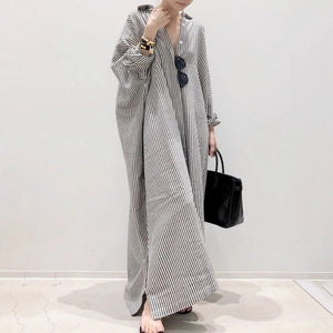 Japanese New loose large-size long-sleeved striped cotton and linen shirt skirt spring and autumn Korean version fat MM knee-length dress dress
