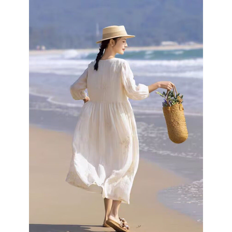 Shi Jian literary women's clothing fairy skirt heavy industry embroidery ramie high-end  long dress elegant skirt dress