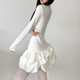 2025 style popular autumn new women's clothing elegant pleated hem design solid color slim-fitting long-sleeved dress