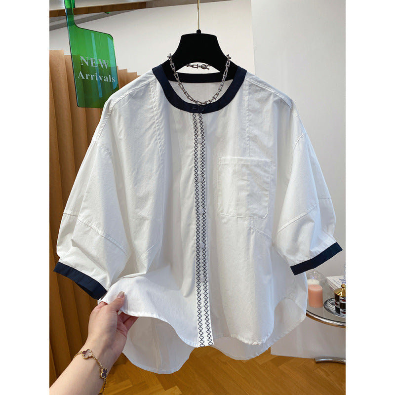 White Crew Neck Shirt Women's Short Sleeve  New Loose Commuter Cotton Five-Sleeve Medium Sleeve Doll Shirt Top Summer
