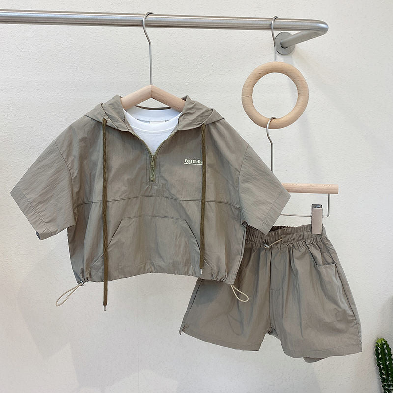 Free Shipping Boys Summer Suit New Short Sleeve Korean Style Children's Baby Comfortable Western Style Hooded Two-Piece Set